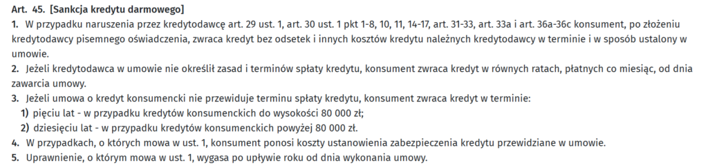Kiedy kredyt za darmo? Art. 45. Ustawy o kredycie konsumenckim
